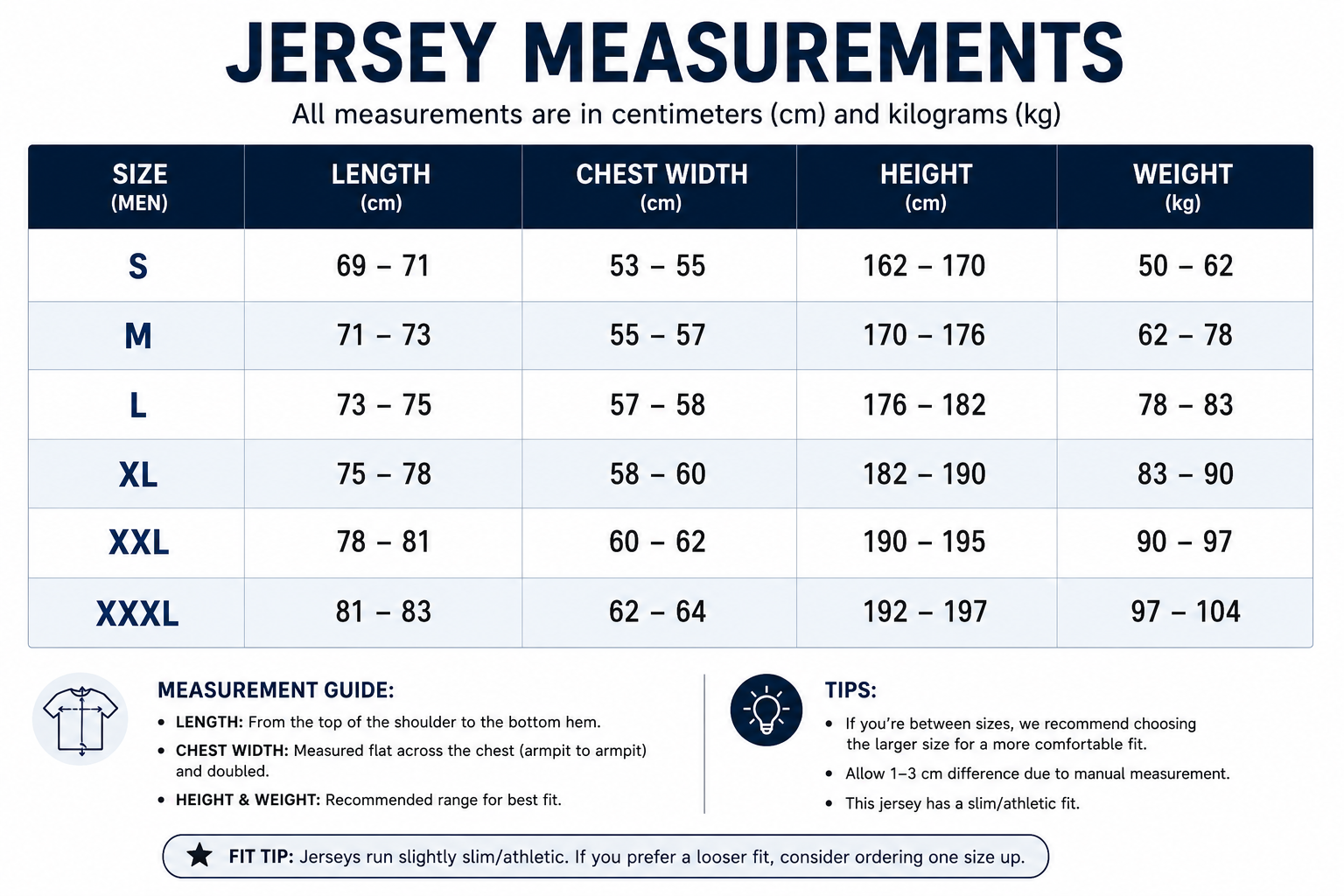 Jersey measurements chart for sizes small through XXXL